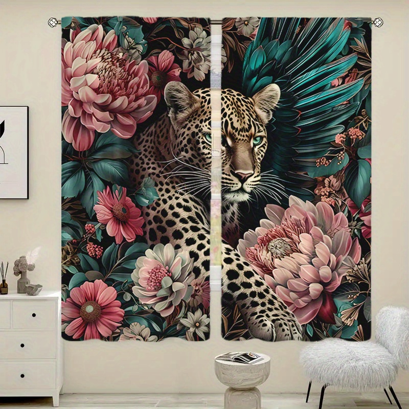 

2pcs Leopard Floral Print Blackout Curtains - Double-sided Water-resistant Polyester Rod Pocket Drapes For Bedroom, Living Room - Contemporary Peach Skin Velvet Printed Curtain Panels