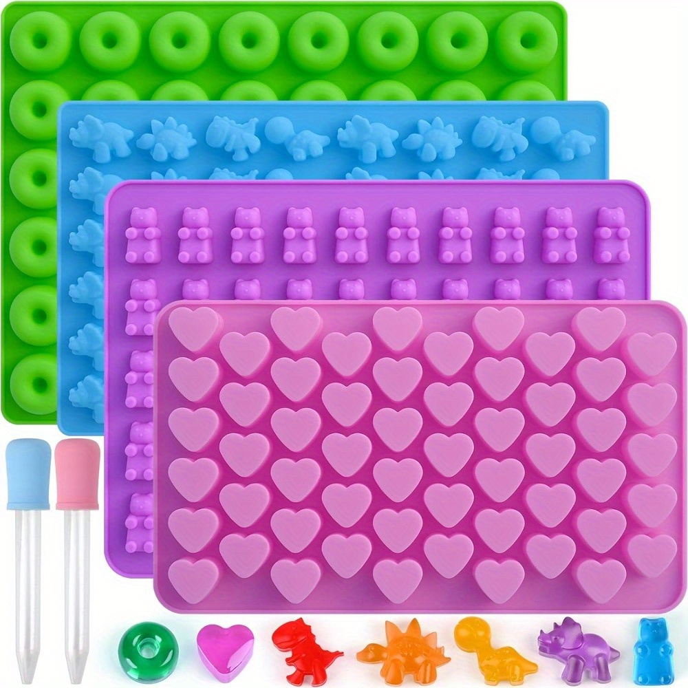 

Gummy Candy Molds Silicone With 2 Droppers Pack Of 4 Mini Silicone Molds Including Dinosaur, Bear Shape, Hearts And Donut Gummie Chocolate Molds