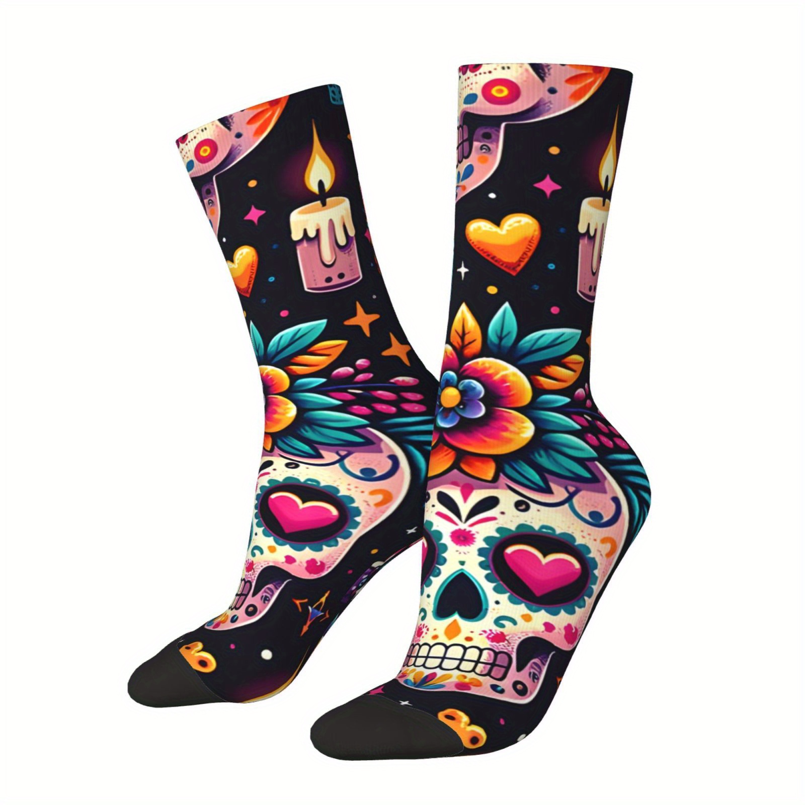 

1 Pair Men's Knit Polyester Crew Socks With Sugar Skulls And Floral Pattern - 95% Polyester 5% Elastane Stretch Fabric - Hand Washable Professional Dry Clean Novelty Seamless Design For Street Style