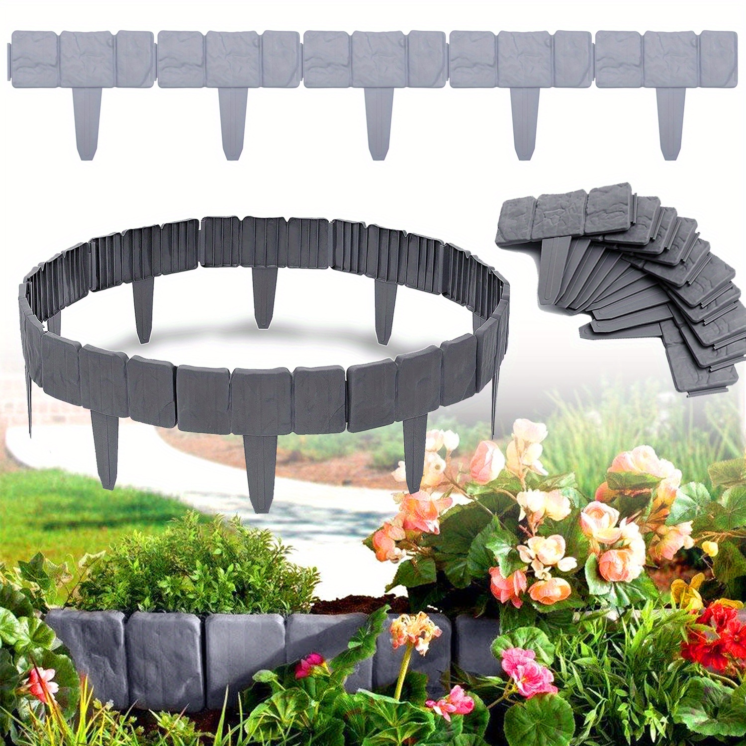 

Lawn Edging Garden Fence 25x23x1cm Plastic Stone Look Garden Polypropylene Mowing For Flower Beds Grey