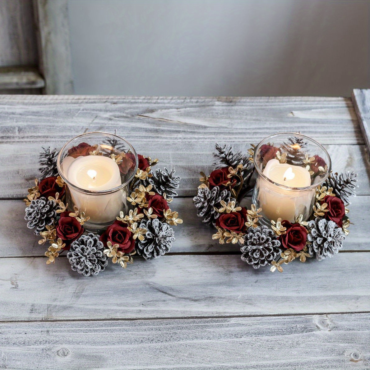 

Festive Christmas Candle Holders: 2 Pack Of Plastic Pinecones, Roses & Candles For Table Decoration