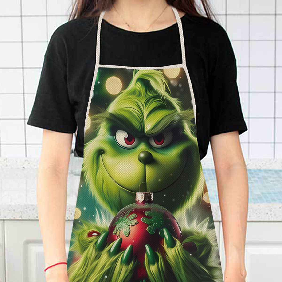 

Holiday-themed Cartoon Character Apron, Waterproof Printed Kitchen & Restaurant Apron For Cooking, Baking And Serving, Comfortable, Lightweight, Durable, 100% Polyester Woven Fabric