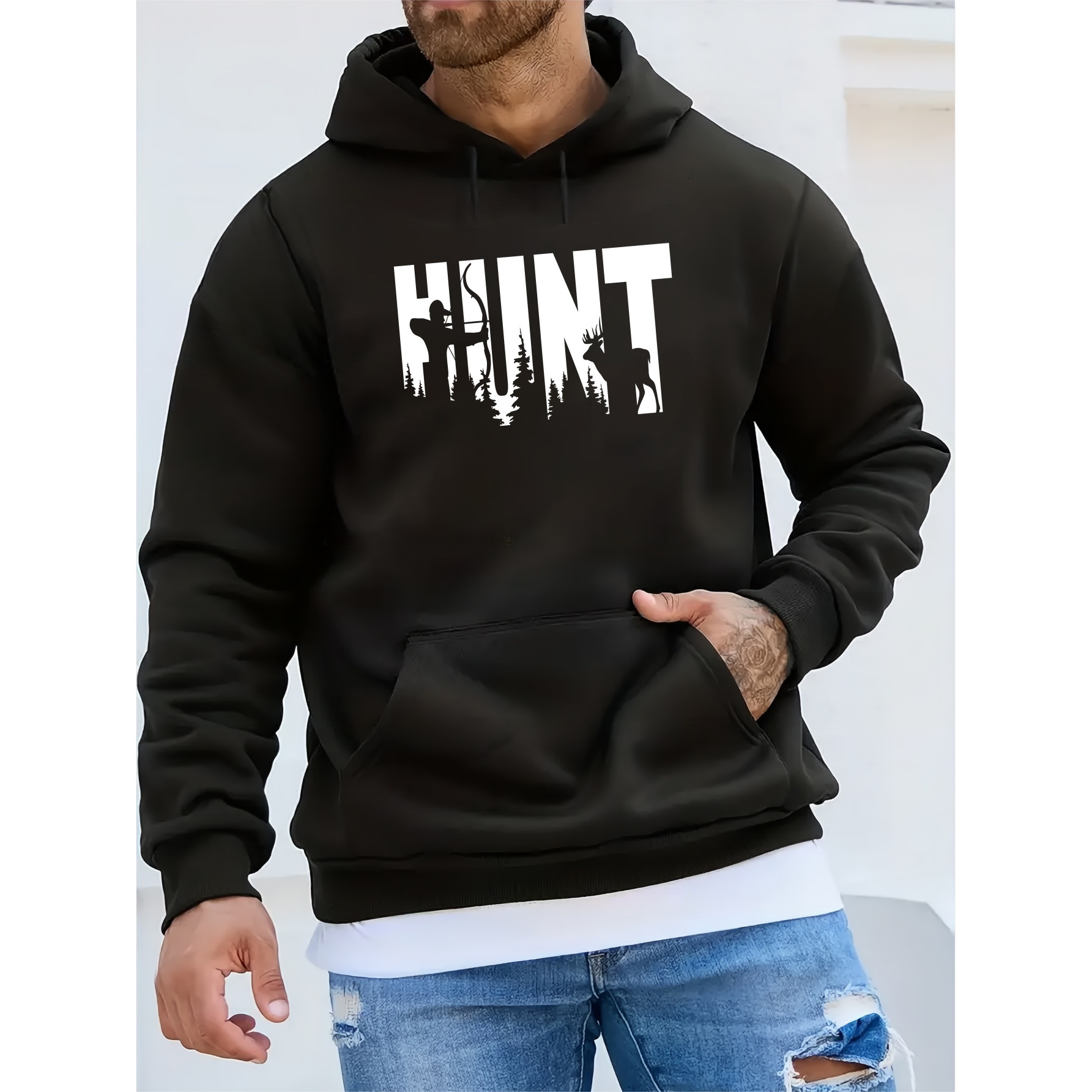 

Hunt Deer Pattern Printed Men's Long Sleeve Pullover Hoodie, Thermal Fleece Hooded Sweatshirt With Kangaroo Pocket, Casual Comfortable Versatile Tops, Suitable For Autumn And Winter, As A Gift