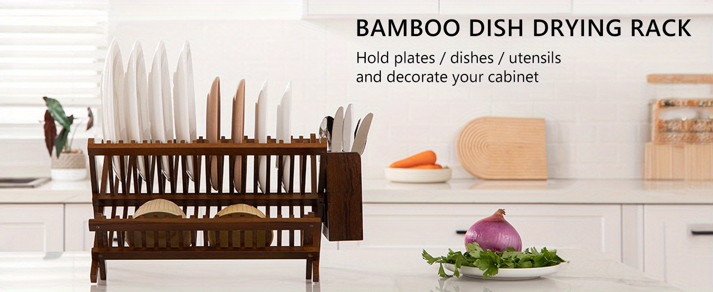 dish rack teak folding 2 tier collapsible drainer dish drying rack with utensils flatware holder set Product details 0