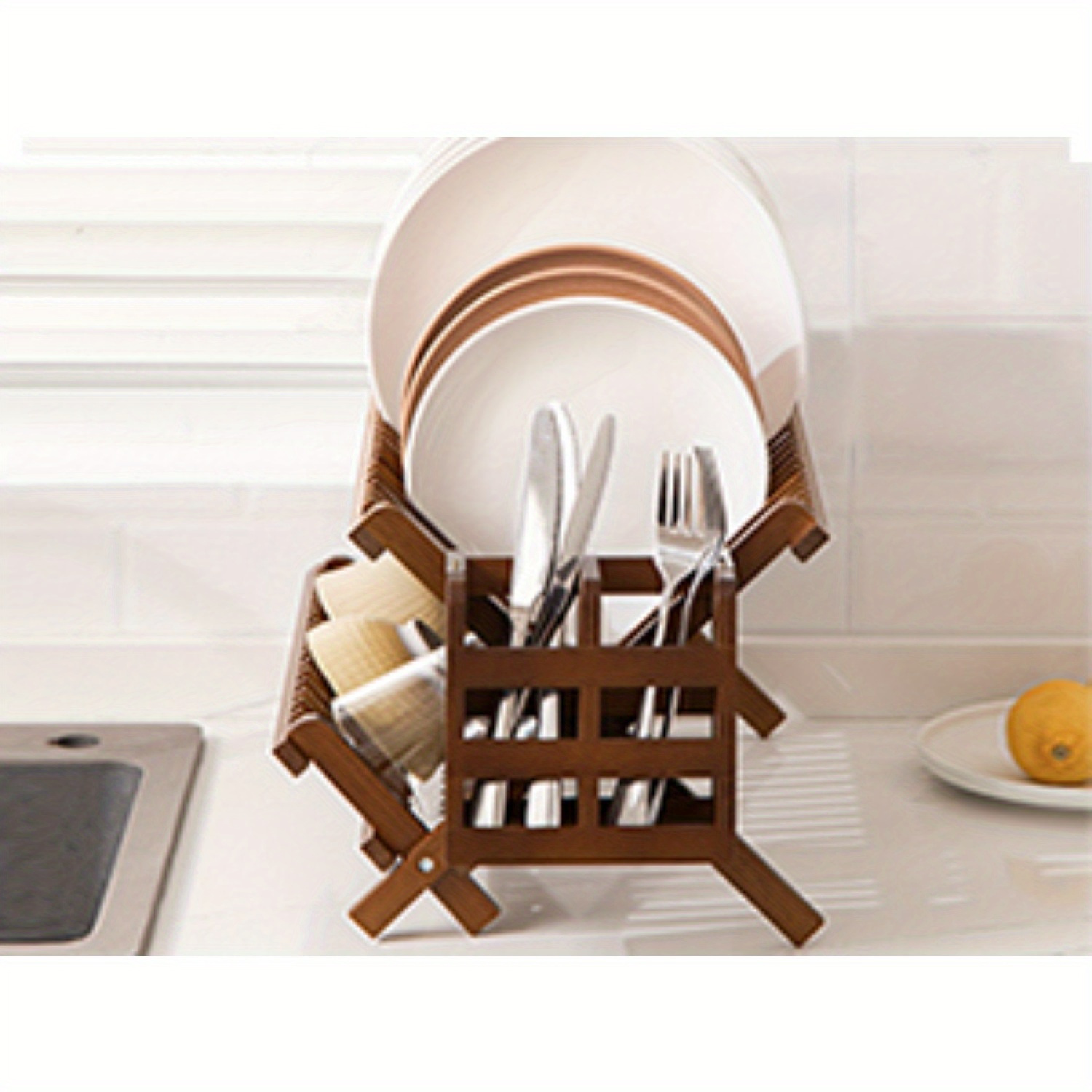 dish rack teak folding 2 tier collapsible drainer dish drying rack with utensils flatware holder set Product details 2