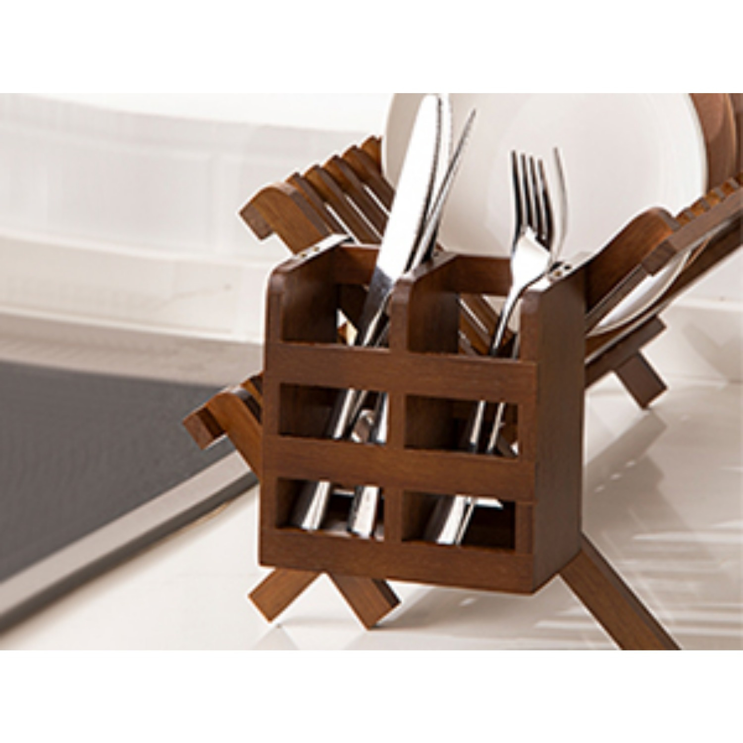 dish rack teak folding 2 tier collapsible drainer dish drying rack with utensils flatware holder set Product details 3