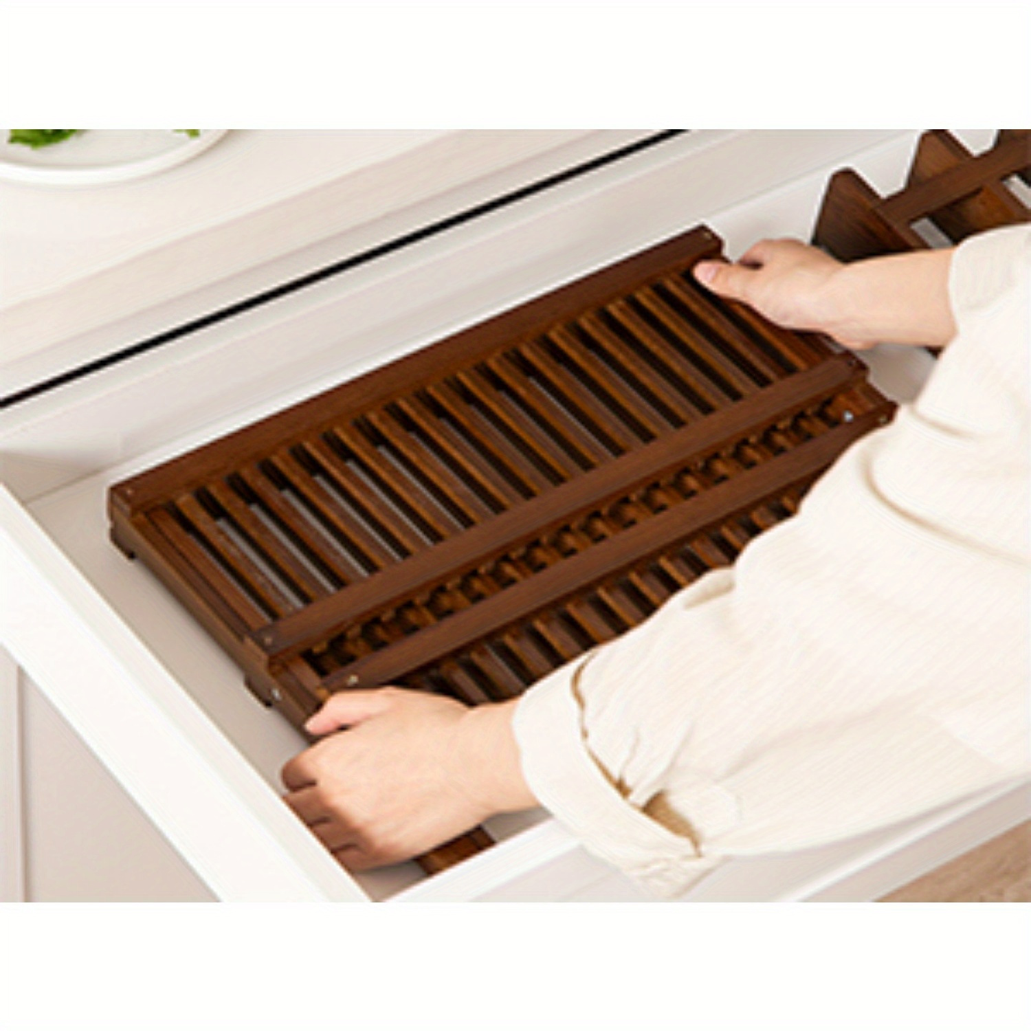 dish rack teak folding 2 tier collapsible drainer dish drying rack with utensils flatware holder set Product details 4