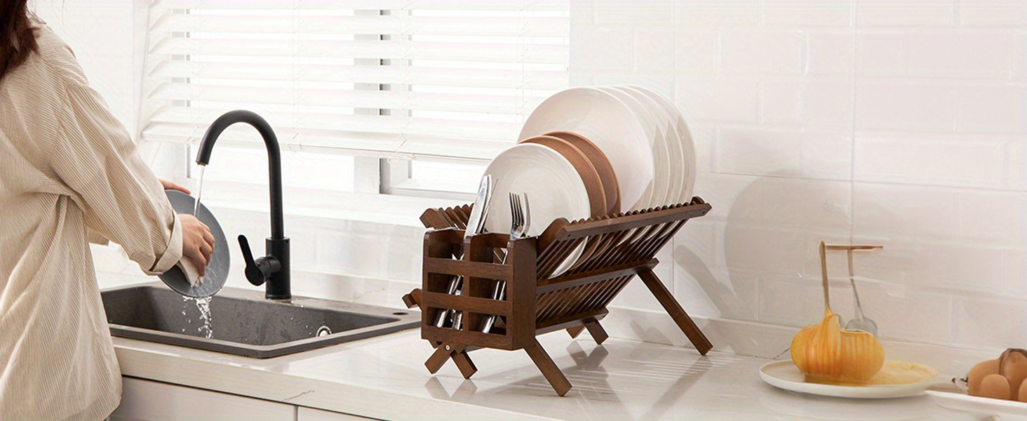 dish rack teak folding 2 tier collapsible drainer dish drying rack with utensils flatware holder set Product details 5