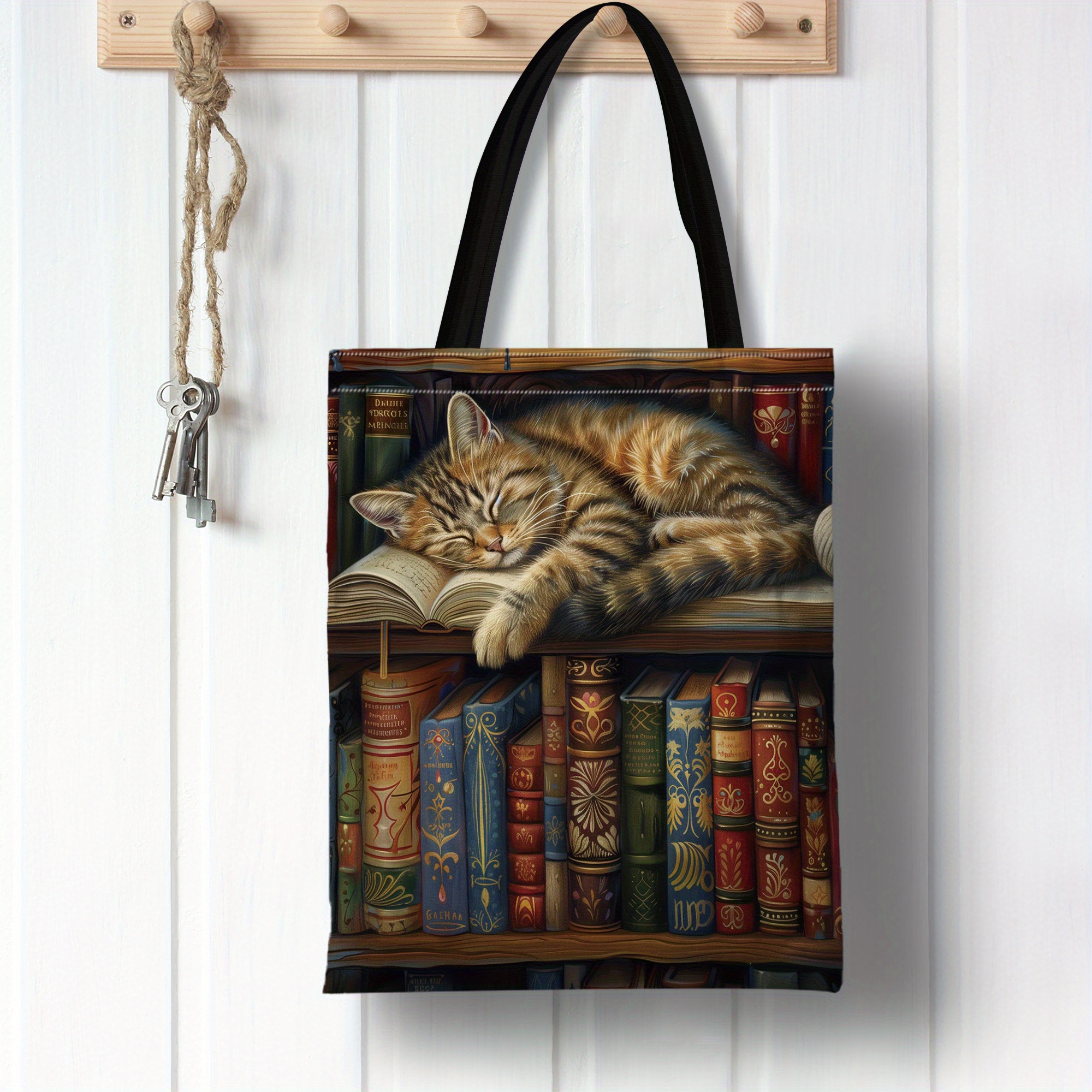 

Cat Sleeping On Bookshelf Canvas Tote Bag - Washable High-density Polyester Shoulder Bag With Wide Straps, No-closure Handbag For Shopping And Everyday Use