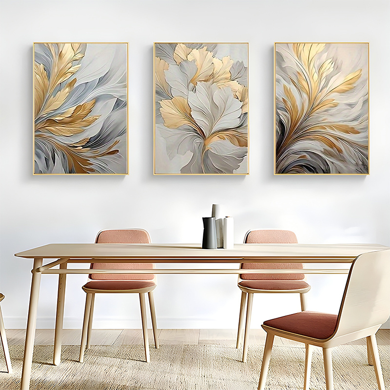 

3pcs Frameless Modern Abstract Golden Leaf Wall Art Canvas Print - Canvas Poster For Living Room And Bedroom Decor, On Grey Background, No Frame