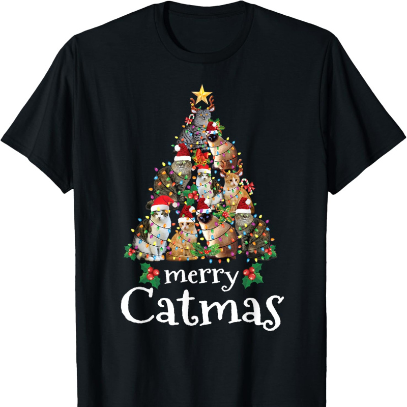 

Merry Catmas Funny Cat Dad Christmas Casual Summer Tee Soft Breathable Mens Print T-shirt Cotton