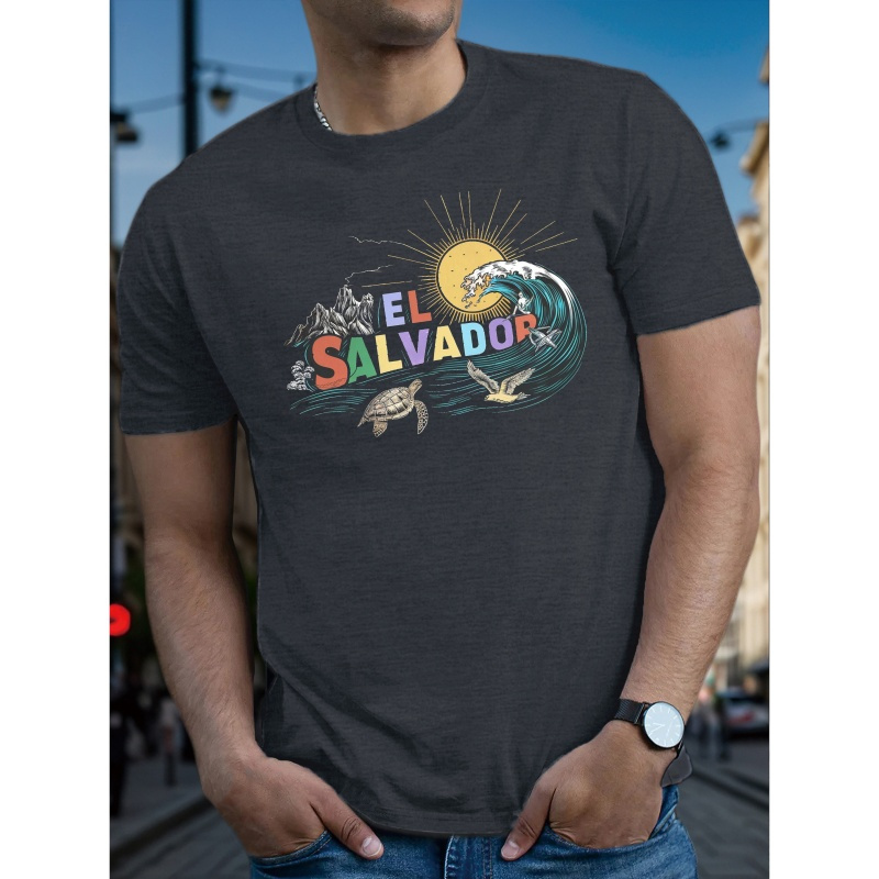 

El Salvador Surfing Landscape Graphic T-shirt - Men's Casual Crew Neck Tee With Slight Stretch, Knit Polyester Fabric, Regular Fit, Summer Short Sleeve Shirt