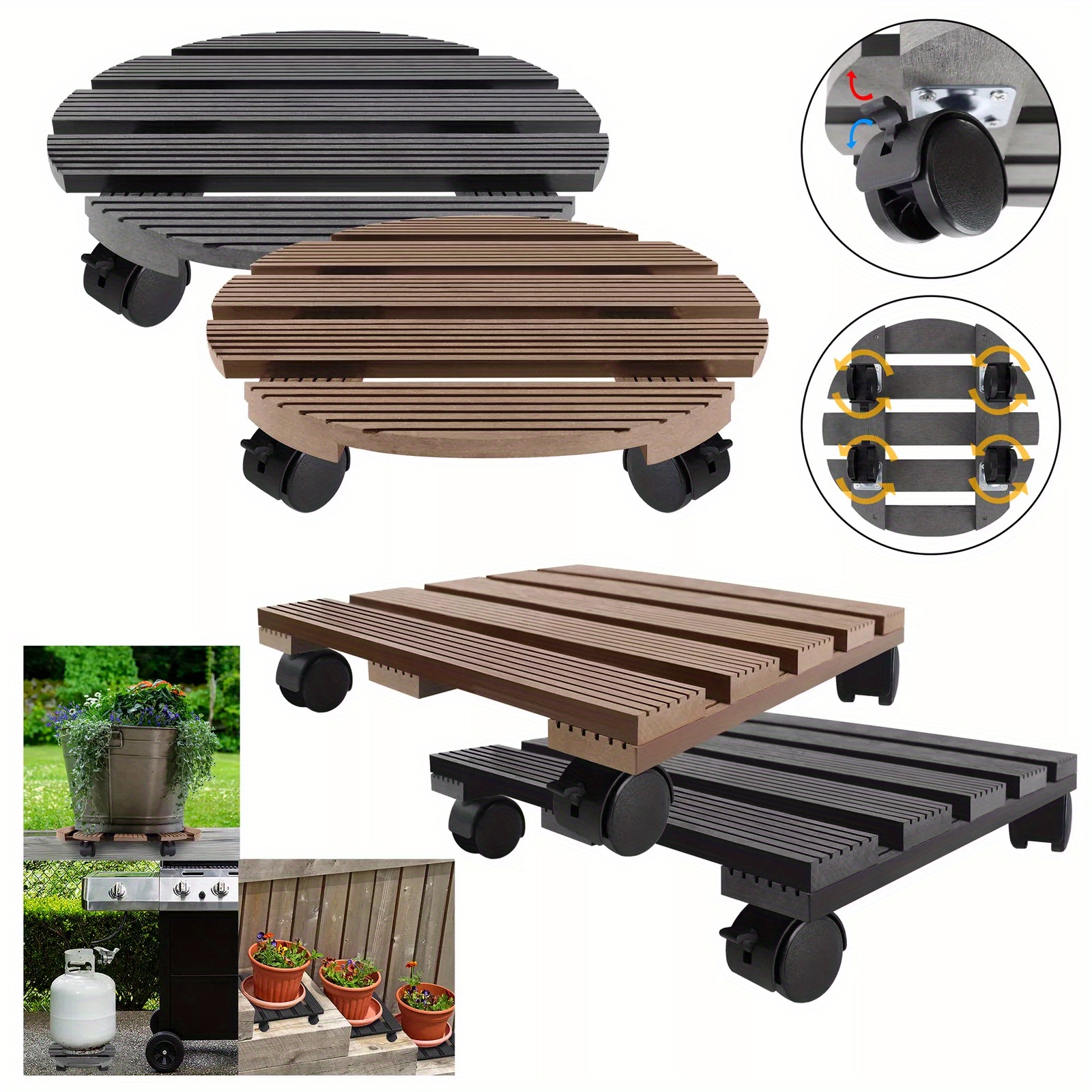 

2pcs Grey Brown Wpc Plant Rollers With 360° Rotating Wheels - & Weather-resistant Trolley For Easy Indoor/outdoor Transport