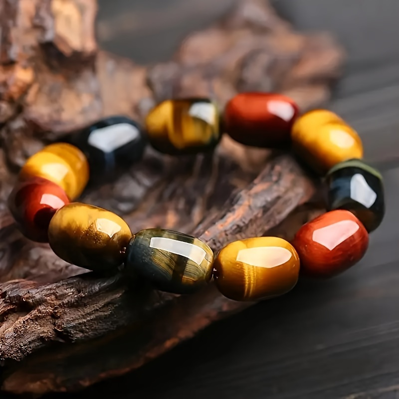 

1 Natural Tiger Eye Stone Bracelet, Bucket Bead Elastic Bead Bracelet For Men And Women