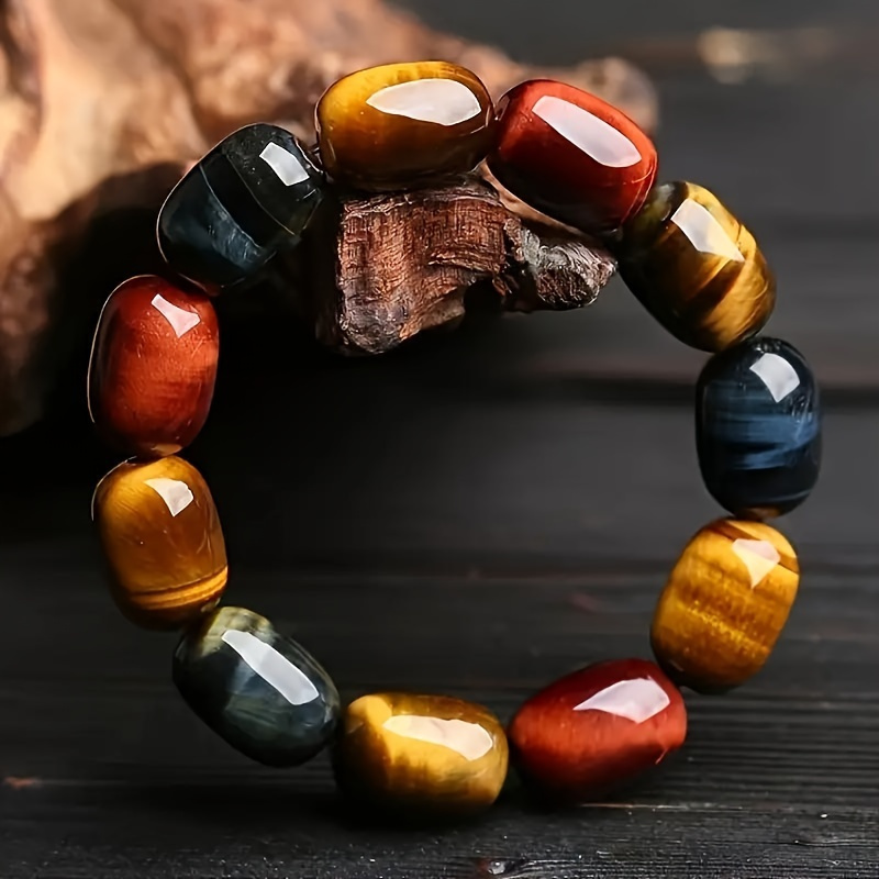 TEMU 1 Natural Tiger Eye Stone Bracelet, Bucket Bead Elastic Bead Bracelet For Men And Women