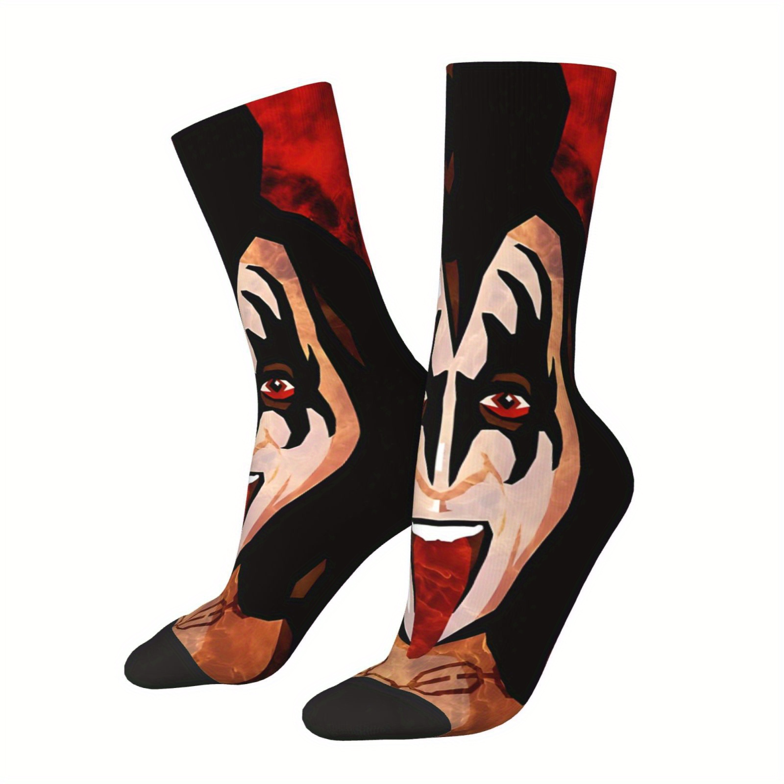 

1 Pair Men's Funky Cartoon Face Printed Crew Socks - Polyester & Spandex Blend, Knitted Fabric, Fit, No-slip Cuff, Casual Novelty Socks For Hip Hop Rock Enthusiasts, Machine Washable