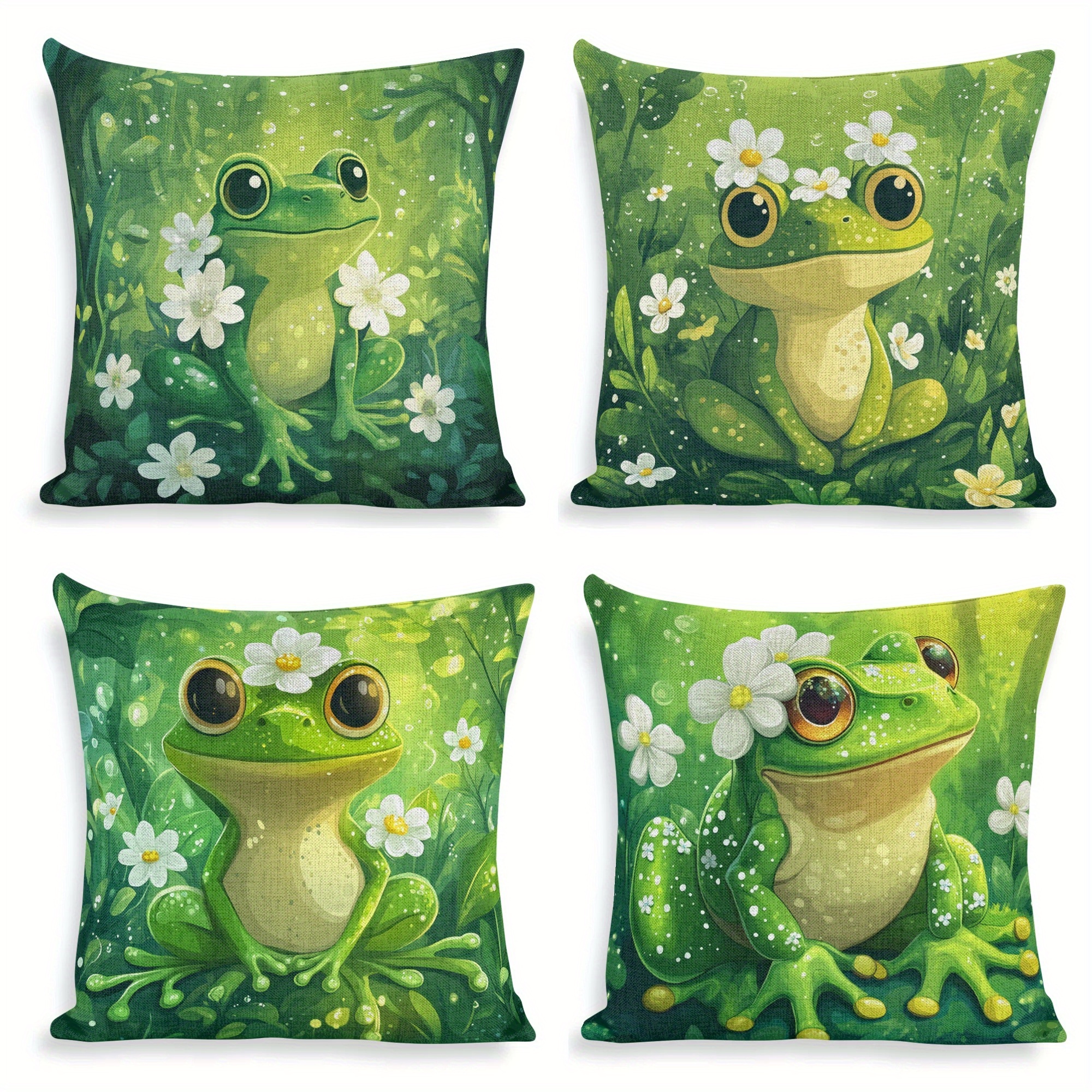 TEMU 4-pack Frog With White Flowers Design, 18x18 Inch Square Pillow Covers, Contemporary Linen Cushion Cases, Zippered, Hand Wash Only, For Sofa, Chair, Bed, Bedroom, Car, Living Room, Office Decor