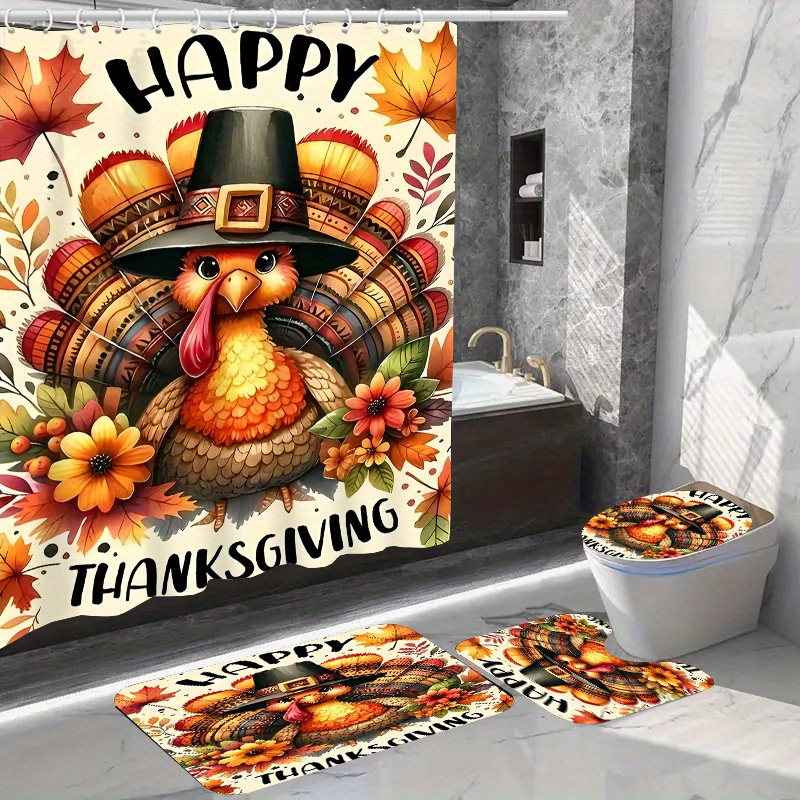 

Thanksgiving Shower Curtain Set With Hooks And Anti-slip Bath Mats - Water-resistant Woven Polyester Bathroom Decor With Turkey And Autumn Motif, Dry Clean Only Accessories Included (1pc/4pcs)