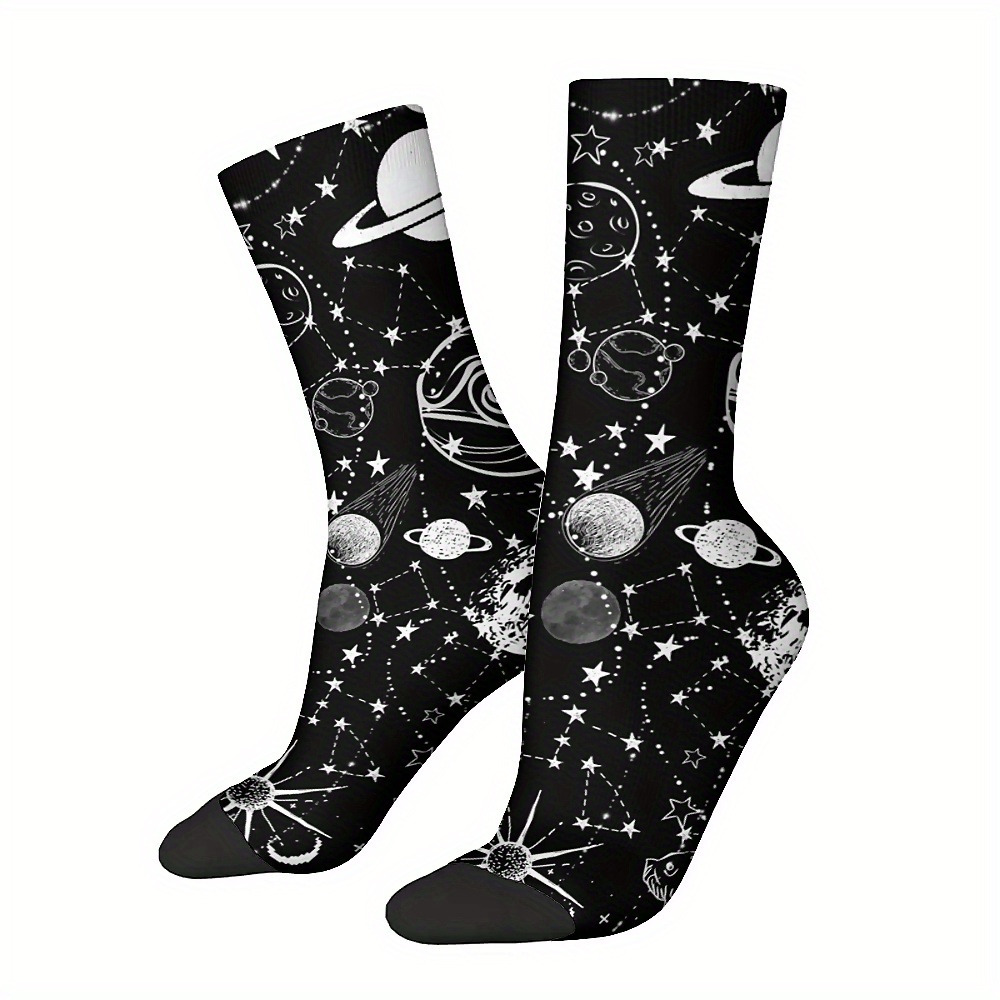 

Unisex Knit Polyester Crew Socks With Spandex, Space-themed Print, Hand Wash Only - Comfortable Stretch Fit With Astronomical Patterns For Casual Wear, Pack Of 1 Pair