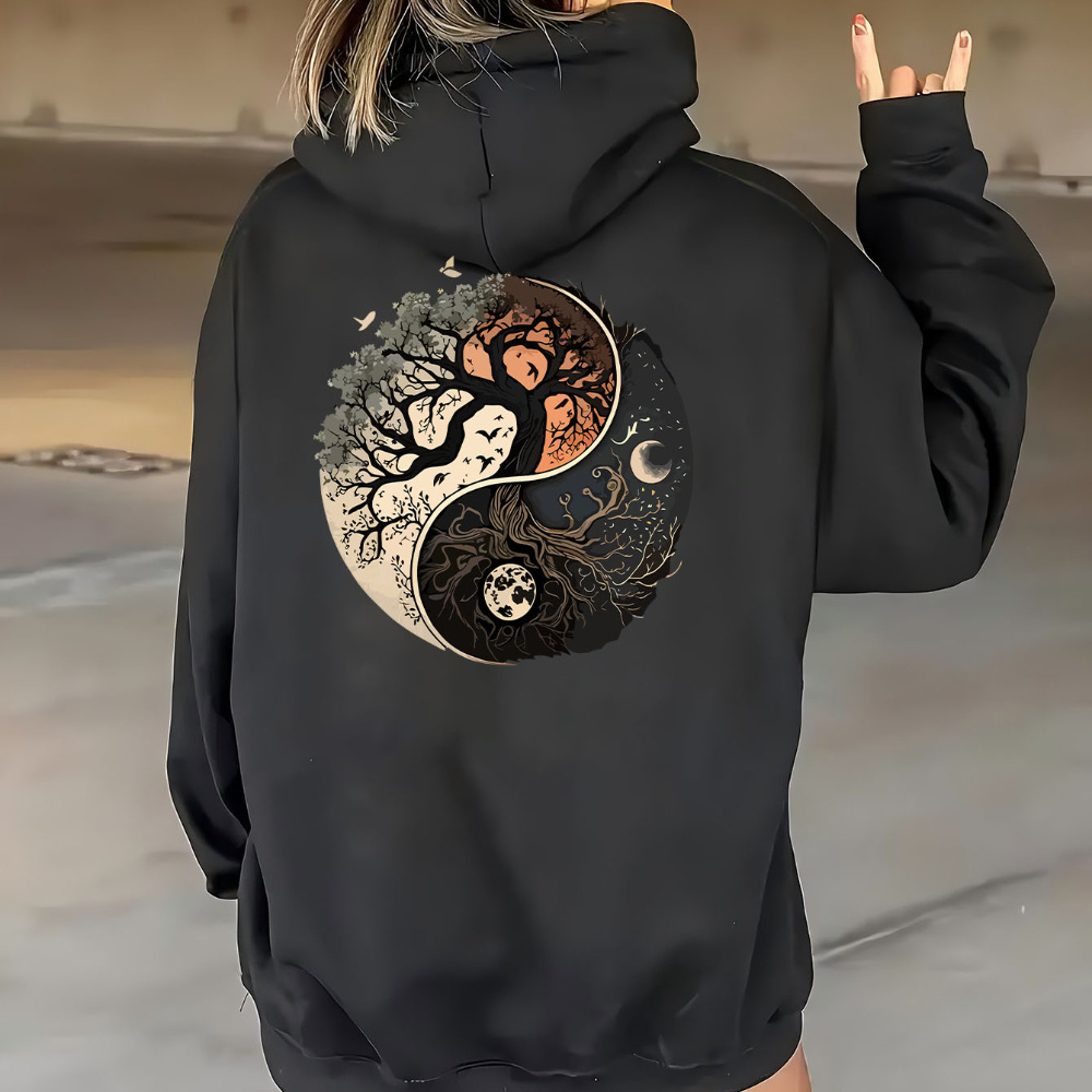 

Women's Yin Yang Hoodie, Casual Knit Pullover With Drawstring, Zippered Sweatshirt For Fall/winter, Polyester, Fashionable Geometric Pattern, , Unisex