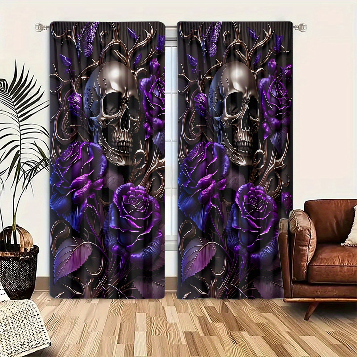 

2pcs Set Purple Floral Print Curtains - Light Filtering, Rod For Bedroom, Living Room, Office Decor - Polyester, Machine Washable