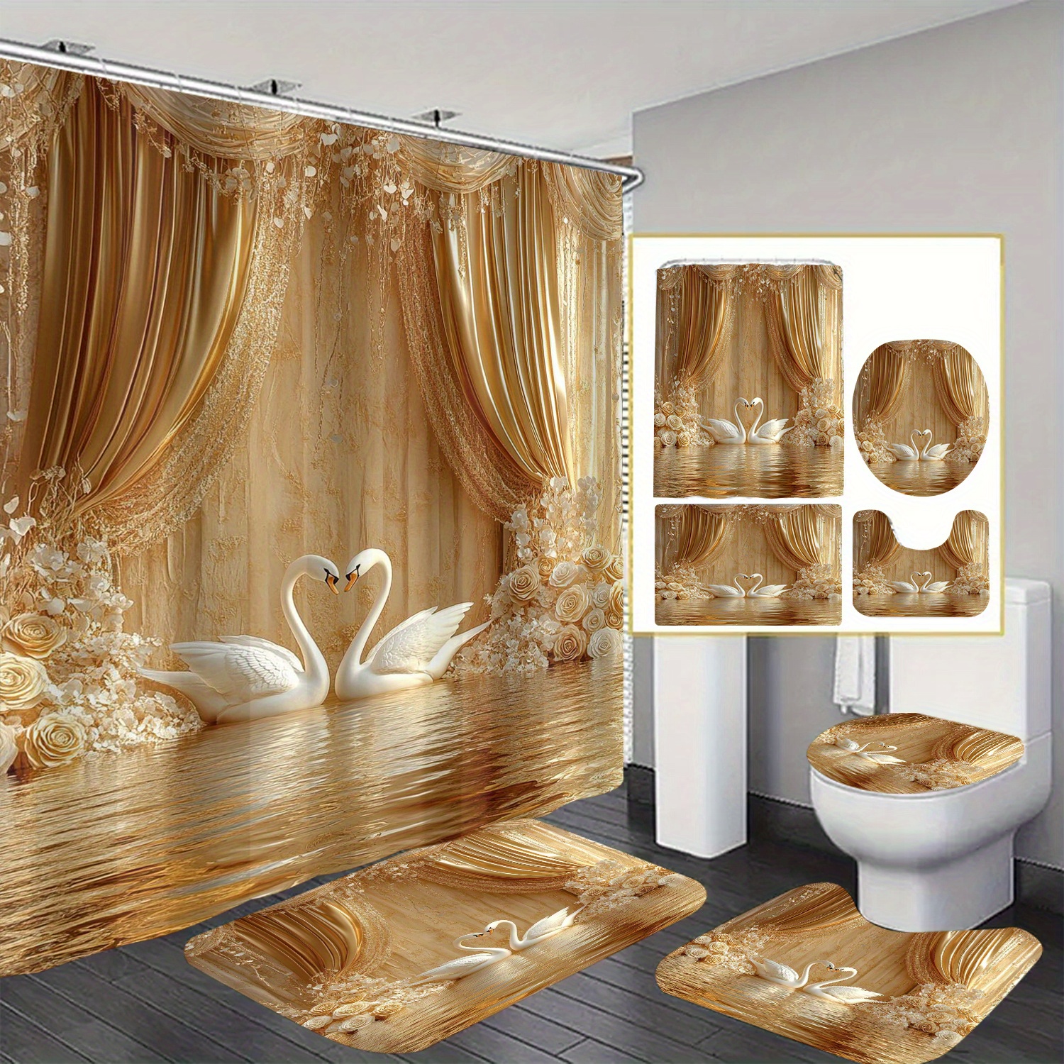 

Water-resistant Bathroom Set With Golden Floral And Design, Includes 12 Hooks, Suitable For Home And Hotel, Machine-washable, 4pc Set With Artistic Theme And Non-woven Fabric Construction