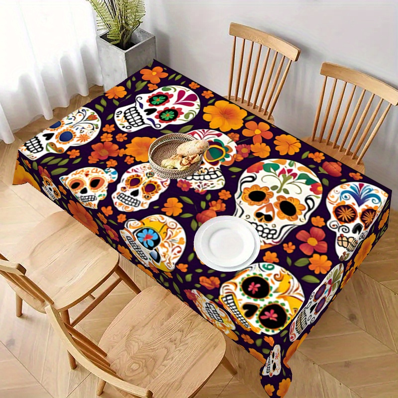 

Day Of The Dead And Floral Print Square Tablecloth - 100% Polyester, Machine Woven, Wrinkle-free, Indoor/outdoor Dining Cover, Ideal For Everyday Use & Home Decoration