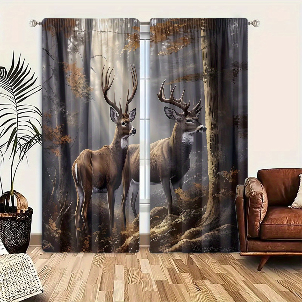 

2pcs Deer Print Light Filtering Curtains Set - Vibrant Rod For Easy Hanging, Perfectly For Bedroom, Living Room, Office Decor With Soft Filtered And Privacy Protection