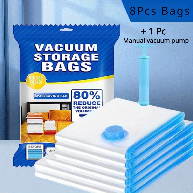 9 pack vacuum storage bags with manual air pump 2   large 3 medium space saving sealed bags airtight compression for clothes pillows blankets bedding plastic no power required multi purpose straight shape details 0