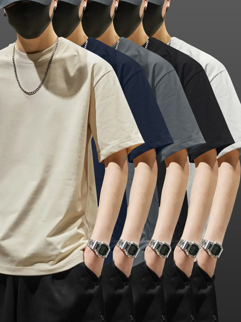 5pcs Heavyweight 100% Cotton Men's T-Shirts, Simple Fashion Casual Short Sleeve, Casual Shirts for Men, Solid Colour T Shirt for Men, T Shirt for Men High Quality, Round Neck T Shirt for Men, Relaxed Fit, Weekend Outfit, Minimalist Design, Geometric Print, Breathable Material, Heavyweight Fabric, Short Sleeve Top, Basic Tee, Men's Fashion, Streetwear Basics
