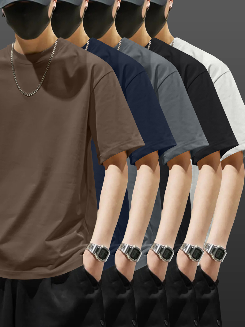 5pcs Heavyweight 100% Cotton Men's T-Shirts, Simple Fashion Casual Short Sleeve, Casual Shirts for Men, Solid Colour T Shirt for Men, T Shirt for Men High Quality, Round Neck T Shirt for Men, Relaxed Fit, Weekend Outfit, Minimalist Design, Geometric Print, Breathable Material, Heavyweight Fabric, Short Sleeve Top, Basic Tee, Men's Fashion, Streetwear Basics