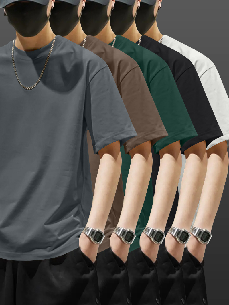 5pcs Heavyweight 100% Cotton Men's T-Shirts, Simple Fashion Casual Short Sleeve, Casual Shirts for Men, Solid Colour T Shirt for Men, T Shirt for Men High Quality, Round Neck T Shirt for Men, Relaxed Fit, Weekend Outfit, Minimalist Design, Geometric Print, Breathable Material, Heavyweight Fabric, Short Sleeve Top, Basic Tee, Men's Fashion, Streetwear Basics