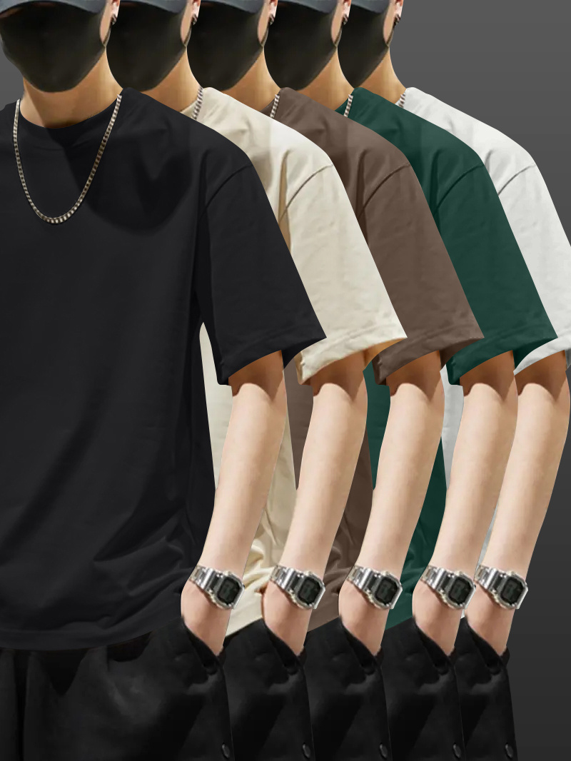 5pcs Heavyweight 100% Cotton Men's T-Shirts, Simple Fashion Casual Short Sleeve, Casual Shirts for Men, Solid Colour T Shirt for Men, T Shirt for Men High Quality, Round Neck T Shirt for Men, Relaxed Fit, Weekend Outfit, Minimalist Design, Geometric Print, Breathable Material, Heavyweight Fabric, Short Sleeve Top, Basic Tee, Men's Fashion, Streetwear Basics