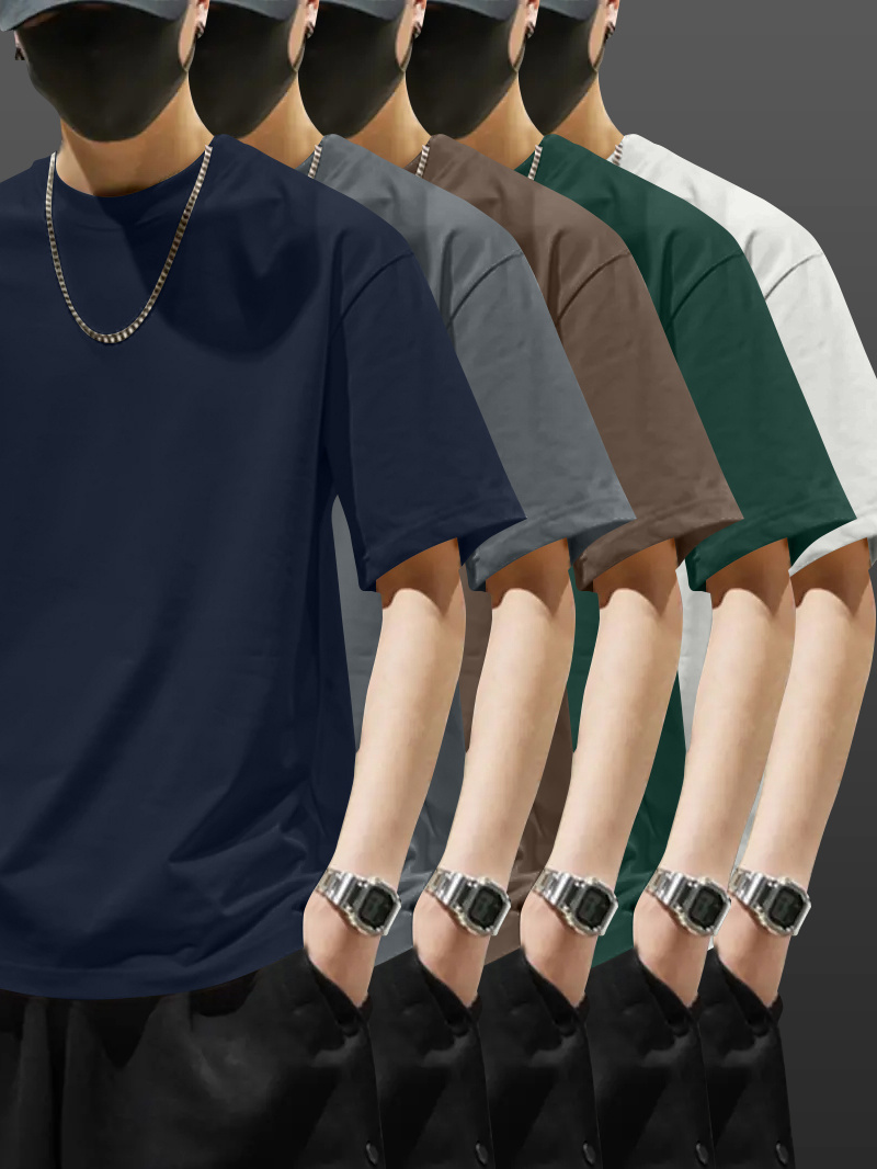 5pcs Heavyweight 100% Cotton Men's T-Shirts, Simple Fashion Casual Short Sleeve, Casual Shirts for Men, Solid Colour T Shirt for Men, T Shirt for Men High Quality, Round Neck T Shirt for Men, Relaxed Fit, Weekend Outfit, Minimalist Design, Geometric Print, Breathable Material, Heavyweight Fabric, Short Sleeve Top, Basic Tee, Men's Fashion, Streetwear Basics