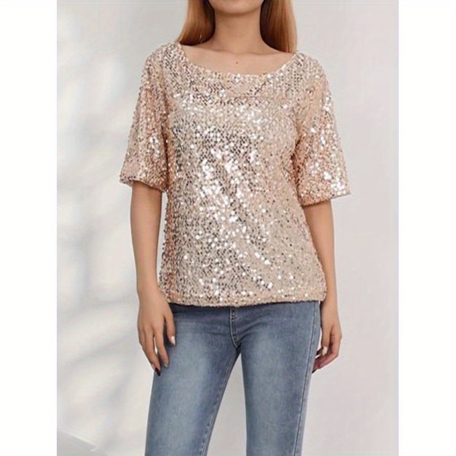 

Women Plus Size Shine Sequin T-shirts Short Sleeve Spoon Collar Mid-length Tee Tops Clubwear