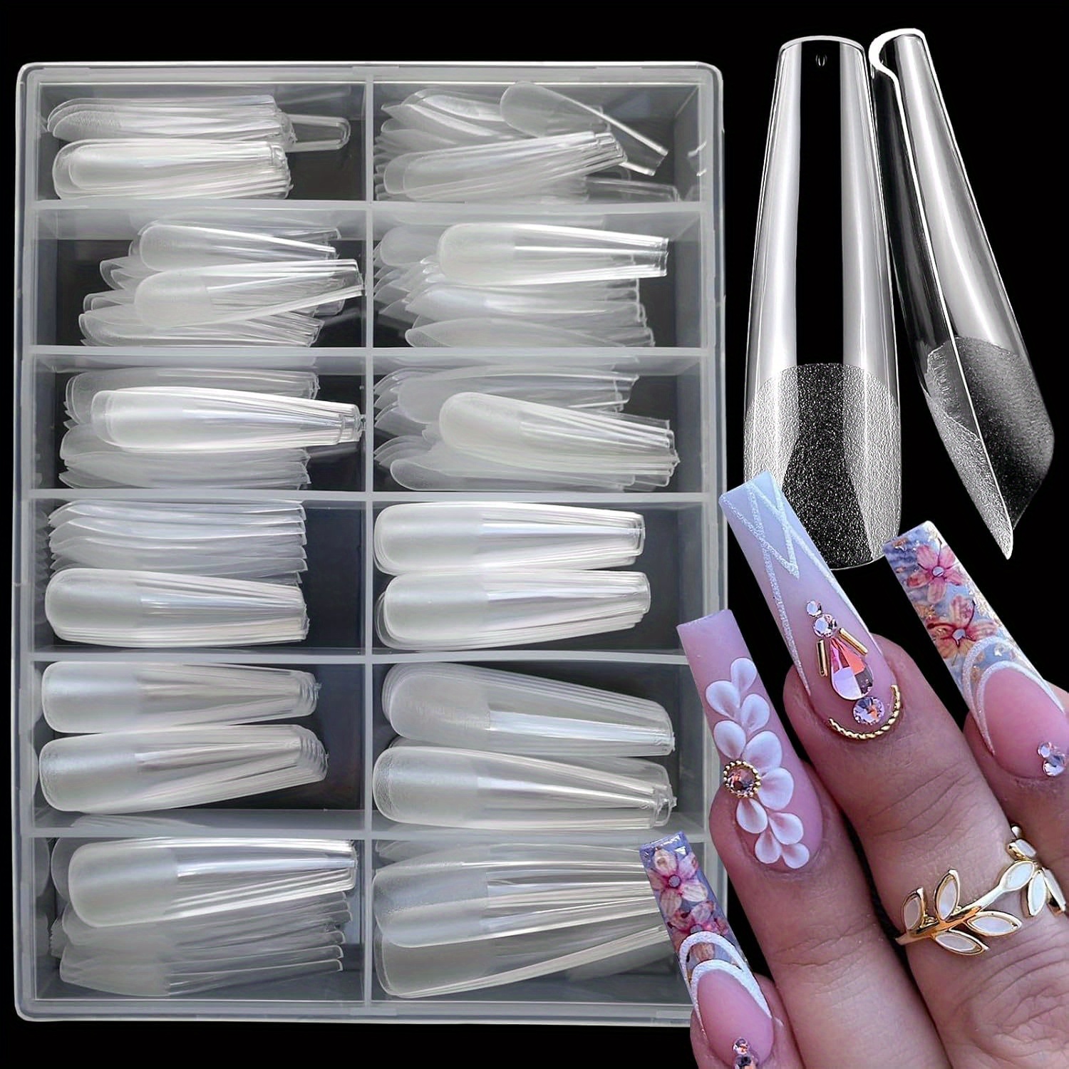 200 Stück Extra Lange Künstliche Nägel, Quadratische Spitze | Klare C-Kurve, Acryl, Für DIY Nail Art