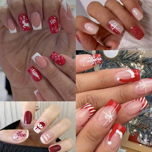 96pcs christmas press on nails set glossy red white striped medium square snowflake elk deer ballet nails with 3d santa hat design for womenand girls
