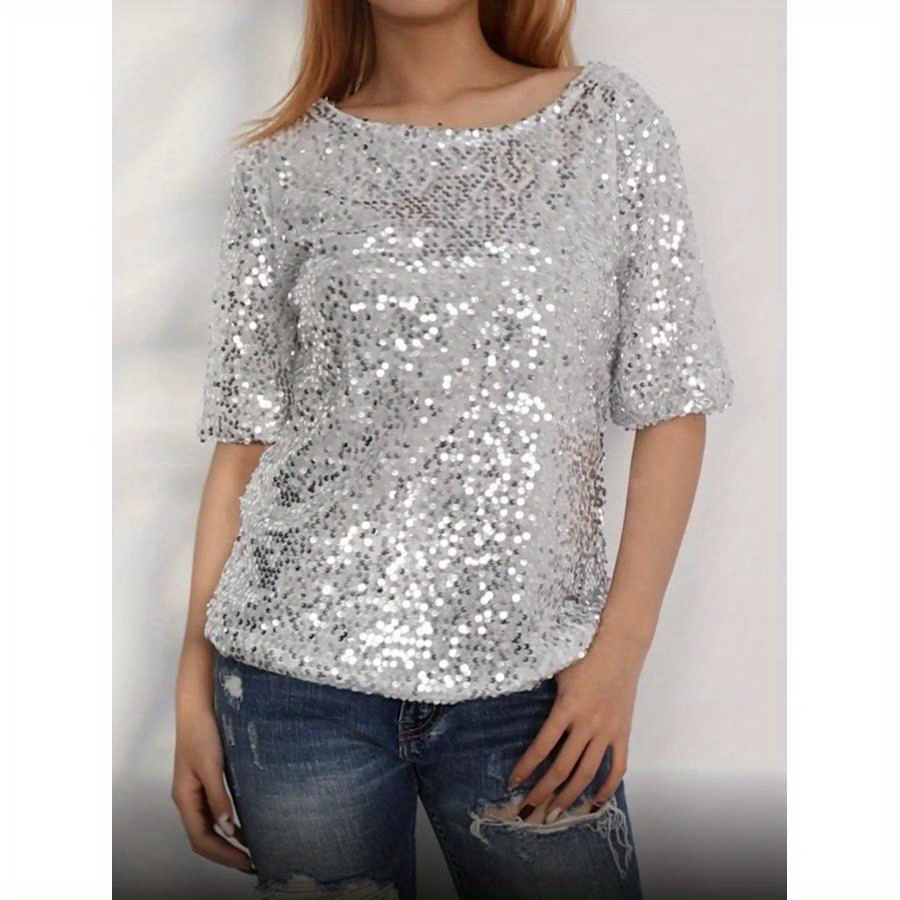 

Women Summer Sequin T-shirt, Short Sleeve Round Neck Loose T-shirt, Shoulder Top