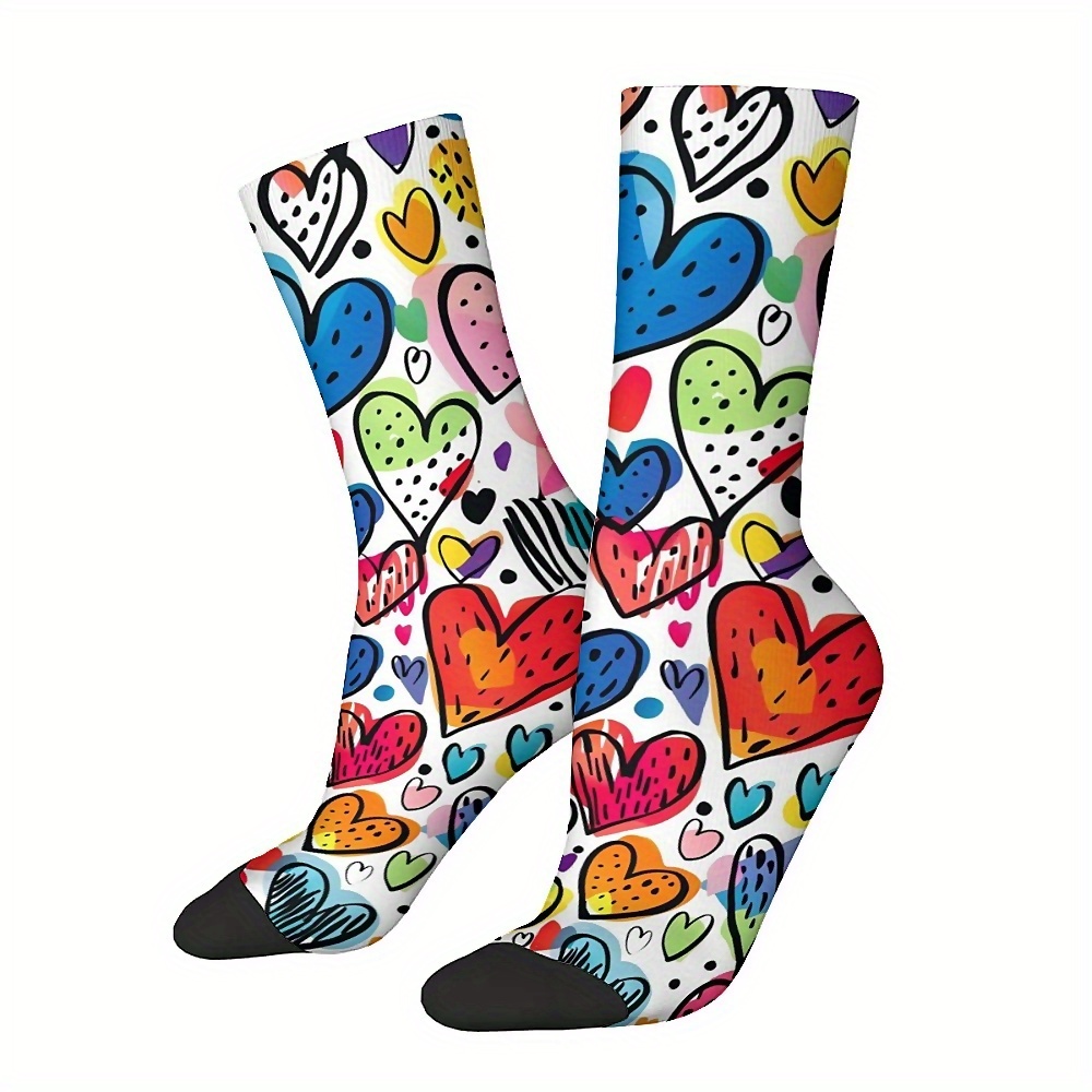 

Colorful Heart Pattern Knit Crew Socks - Unisex Harajuku Style Novelty Seamless Print, Polyester Blend Comfort Fit With Spandex Stretch, Non-slip Cuff, Perfect Gift For All - 1 Pair