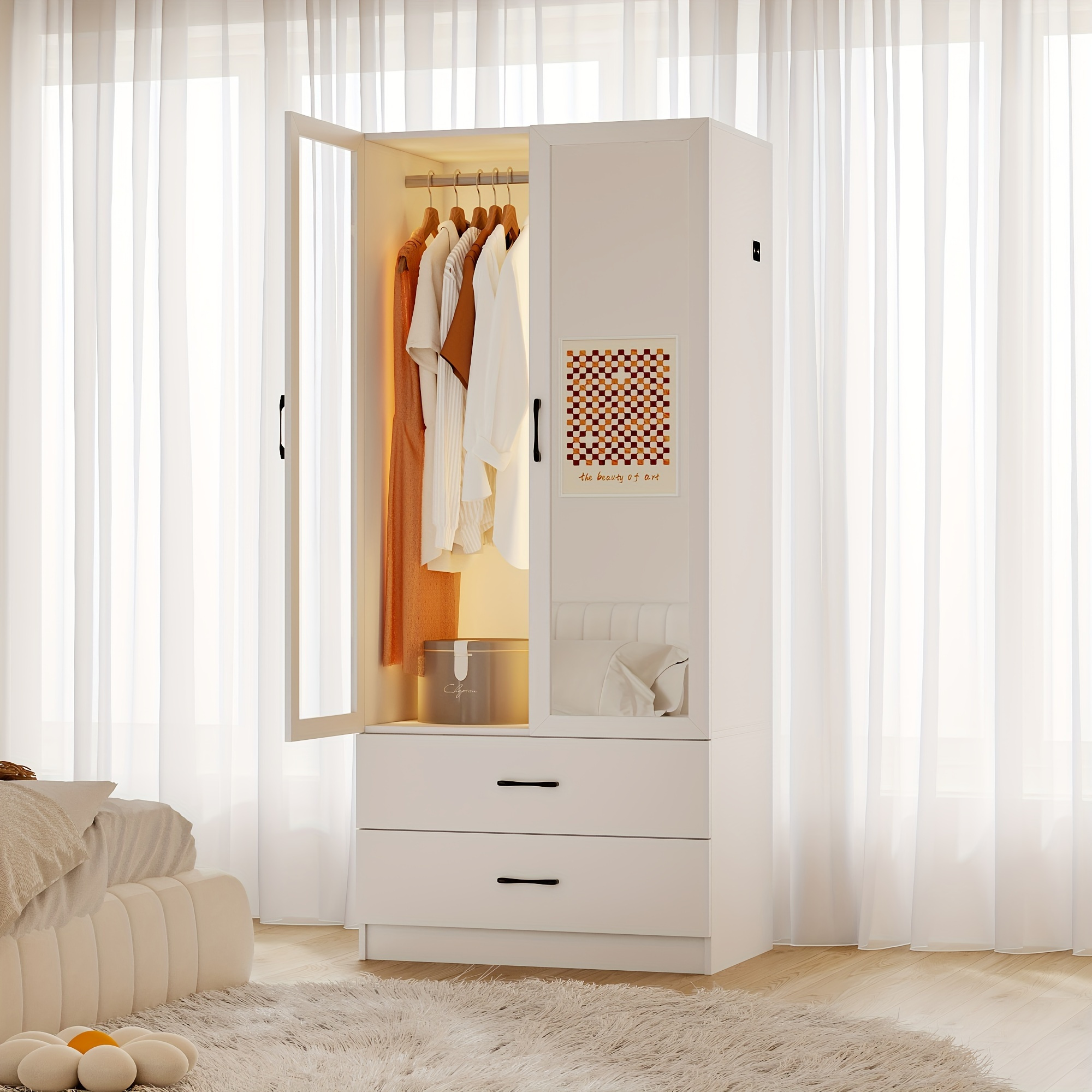 

Hnebc 71 Bedroom Armoires Closet With Mirror, 2 Door Led Closets With 3-color Dimmable Lights, Storage Cabinet With Hanging Rod & Adjustable Shelves, 2 Drawers