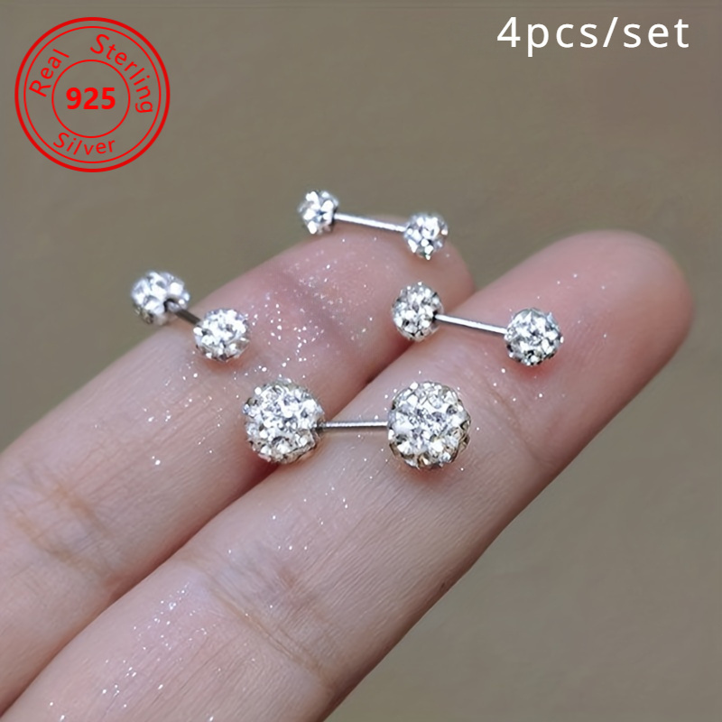 

4pcs/ Set Stud Earrings Spherical Design 925 Sterling Silver Stud Earrings, Set With Zircon Fashion Style Jewelry Gift For Women