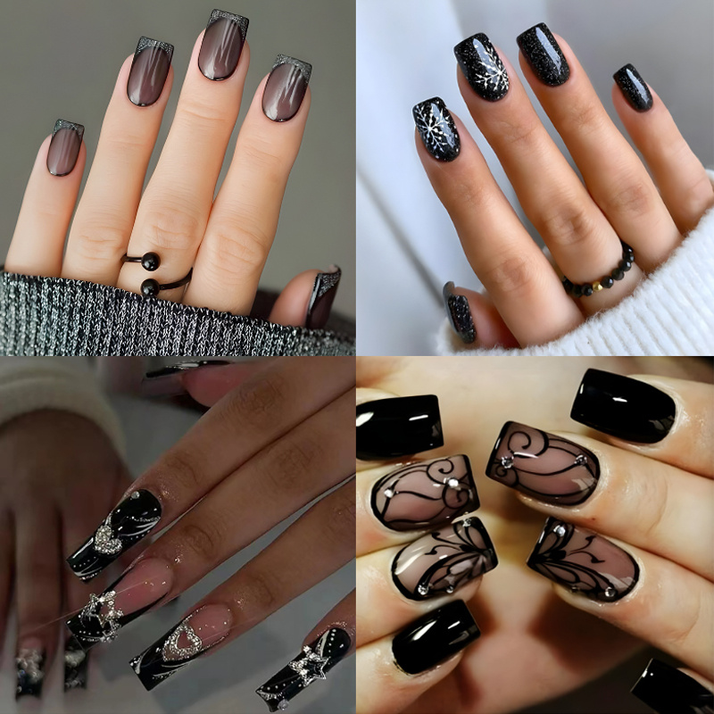 

96pcs French Short Square Press On Nails, Christmas Snowflakes Rhinestone Design Fake Nails, Full Coverfalse Nails For Women And Girls