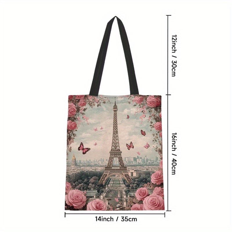 TEMU Vintage Tower Printed Polyester Tote Bag - Large Capacity, Romantic Canvas Shopping Bag For Daily Essentials - Ideal For Valentine's Day,
