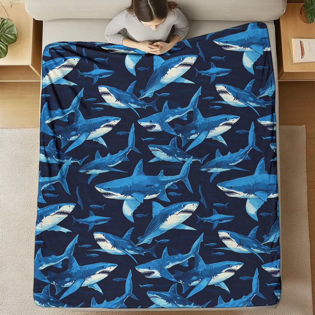 

1pc, Jit+ , Underwater Sharks Pattern, Print Blanket, 200-250g Polyester Flannel, , Envelope Stitch, , Charming Fantasy Theme, Ideal For , Camping, Travel, Car, Office Home Decor