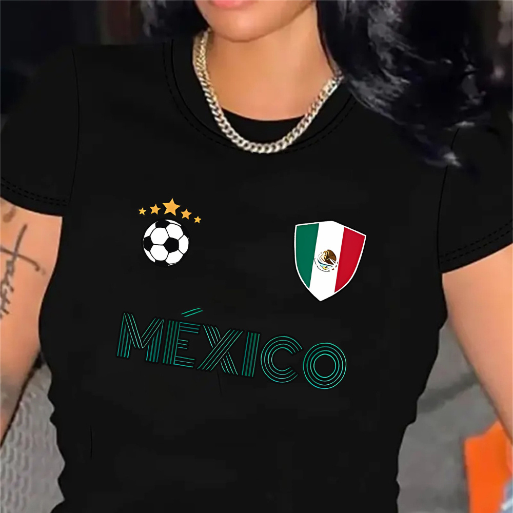 

Mexico Sports-inspired Graphic T-shirt For Women - Casual Polyester Knit Tee With Crew Neck - Soccer Ball & , Comfortable Summer Top With Medium Stretch