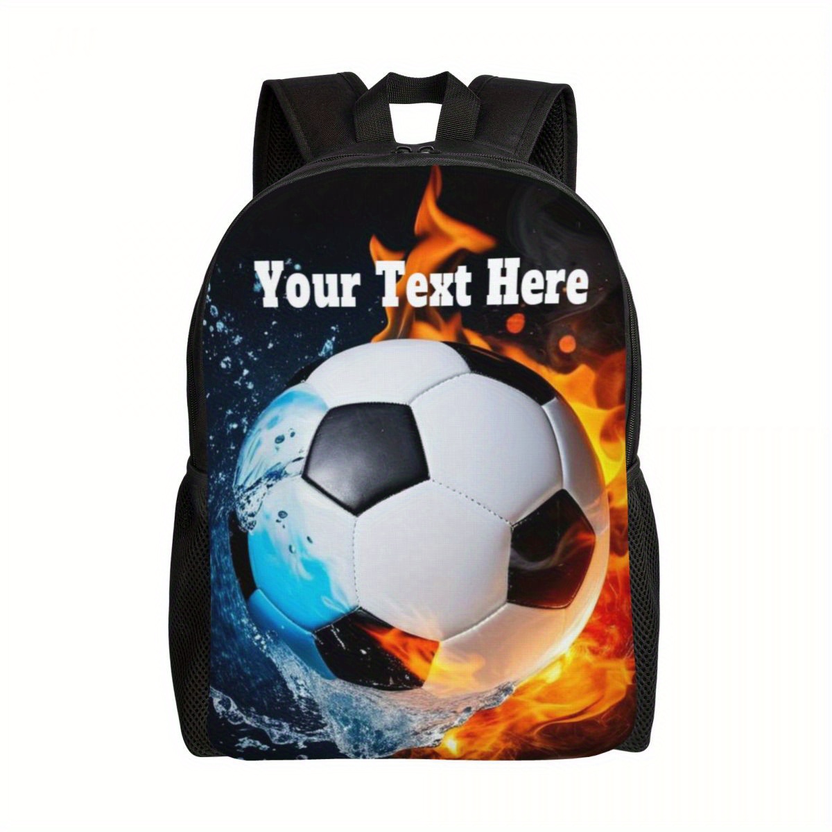 TEMU Personalized Soccer Ball Backpack With Fire And Water Design, Customizable Name Text Backpack, Polyester Knapsack For Men And Women, Adjustable