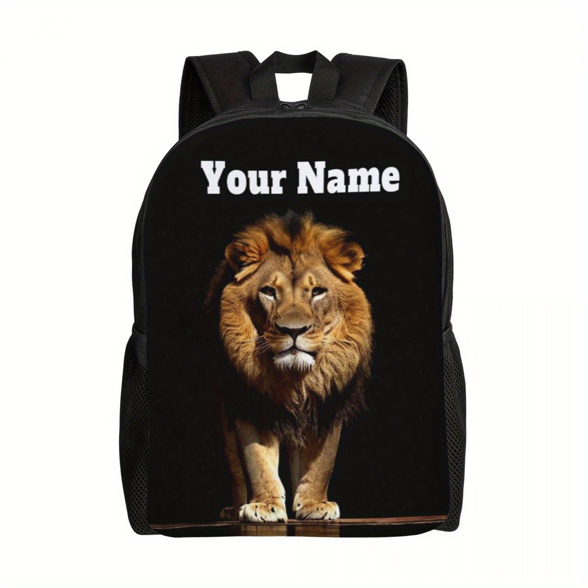 TEMU Personalized Lion Image Backpack With Adjustable Shoulder Straps, Customizable Text Logo Polyester Daypack For Men And Women - Daily Commute,