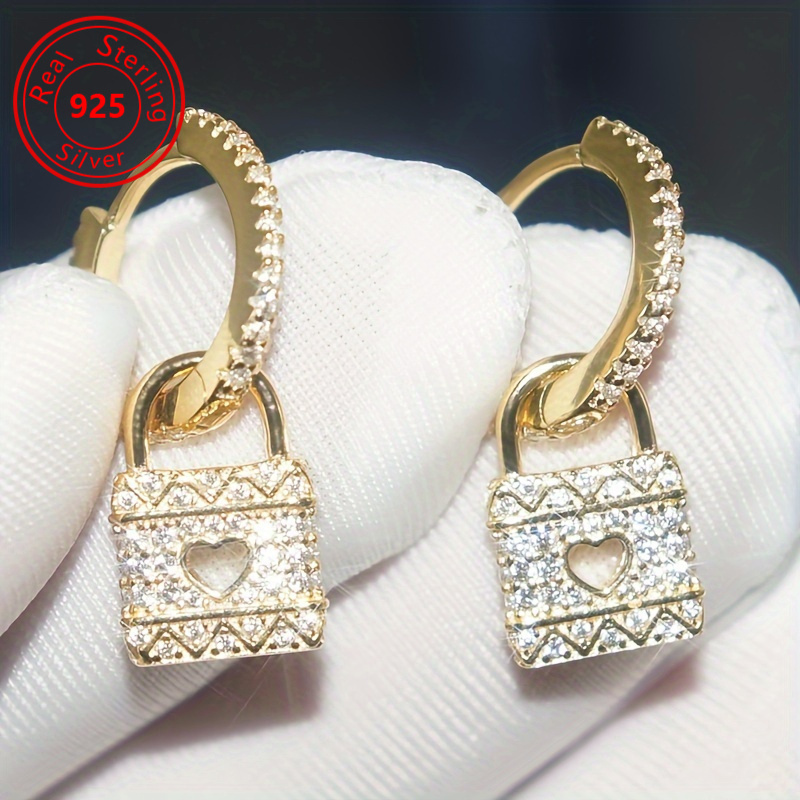 

1 Pair Of Creative Heart Lock Pendants Hoop925 With Zircon Elegant Dating Earrings For Women