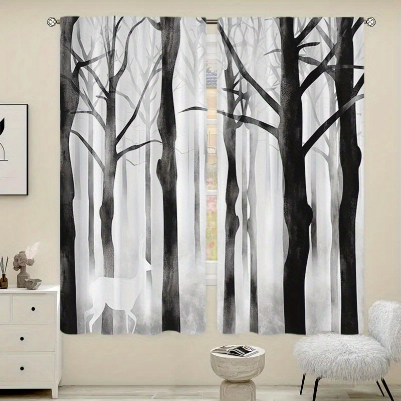 

2-pack Contemporary Blackout Curtains - Forest & Deer Print, Woven Polyester Peach Skin Velvet, Rod Pocket Drapes For Living Room, Bedroom - Water-resistant, Machine Washable Window Treatments