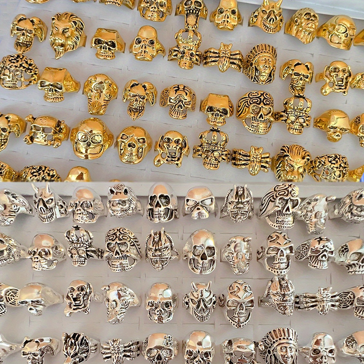 

50/ 100pcs Punk Hip Hop Head Finger Ring For Men Women Statement Jewelry - Vintage Skull Design, Assorted Varieties Golden Silvery Available